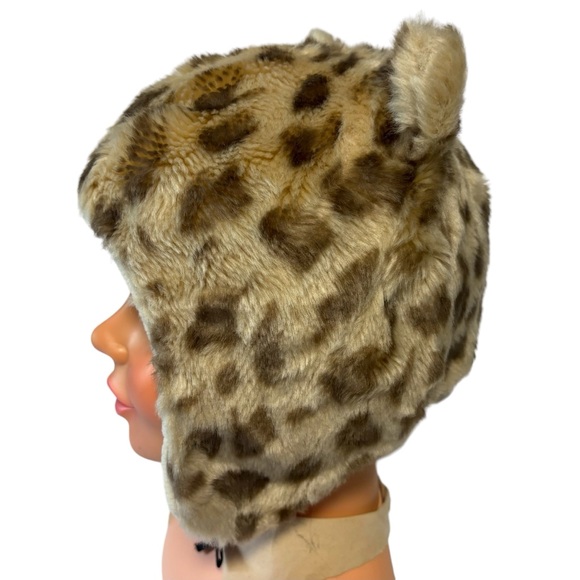 Faux fur animal print ear flaps ears tan cream fleece lined  hat cap - Picture 3 of 8